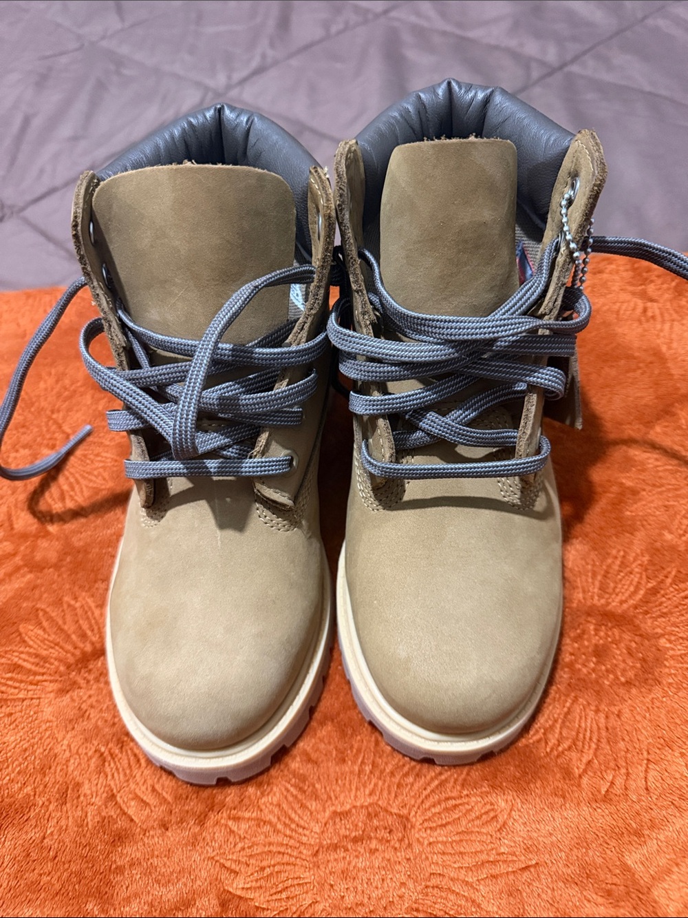 Timberland Kids Tan Boots with Gray Laces and Padded Collar